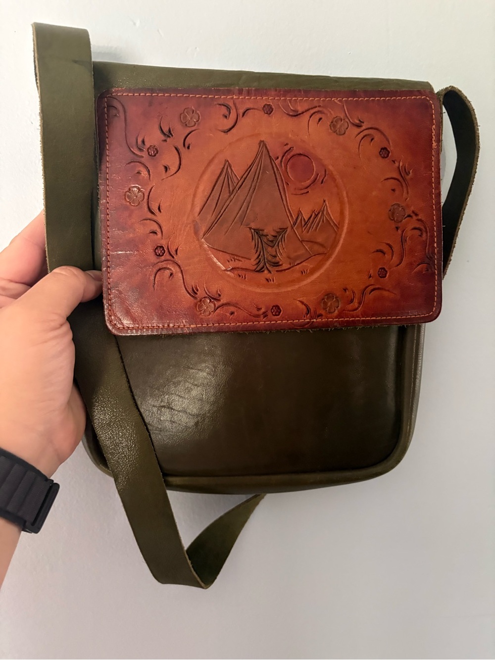 Leather Flap Crossbody Bag in Olive Green and Cognac